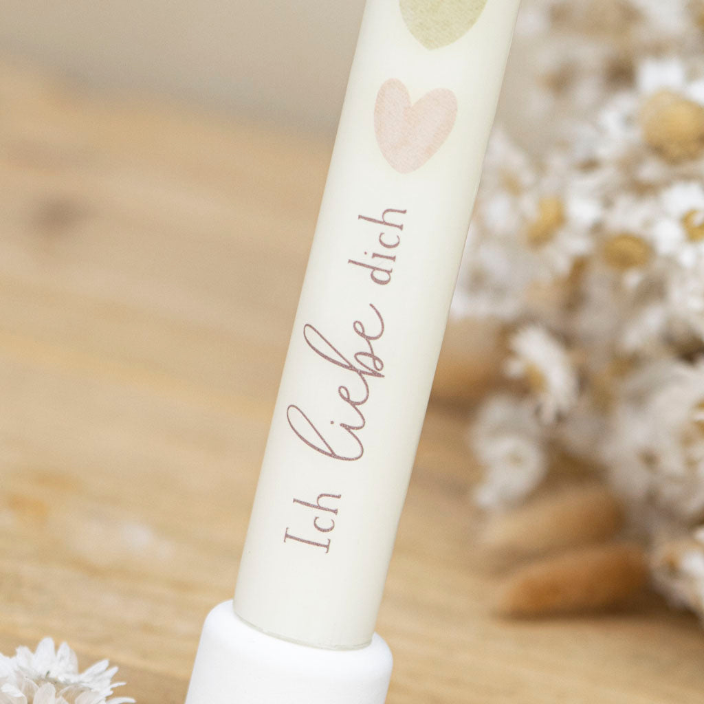 Cremefarbene Stabkerze mit Liebesbotschaft Ich liebe dich