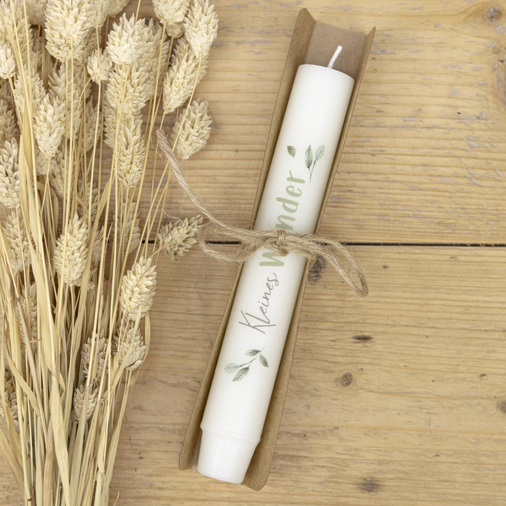 Cremefarbene Stabkerze kleines Wunder mit Spruch zur Geburt