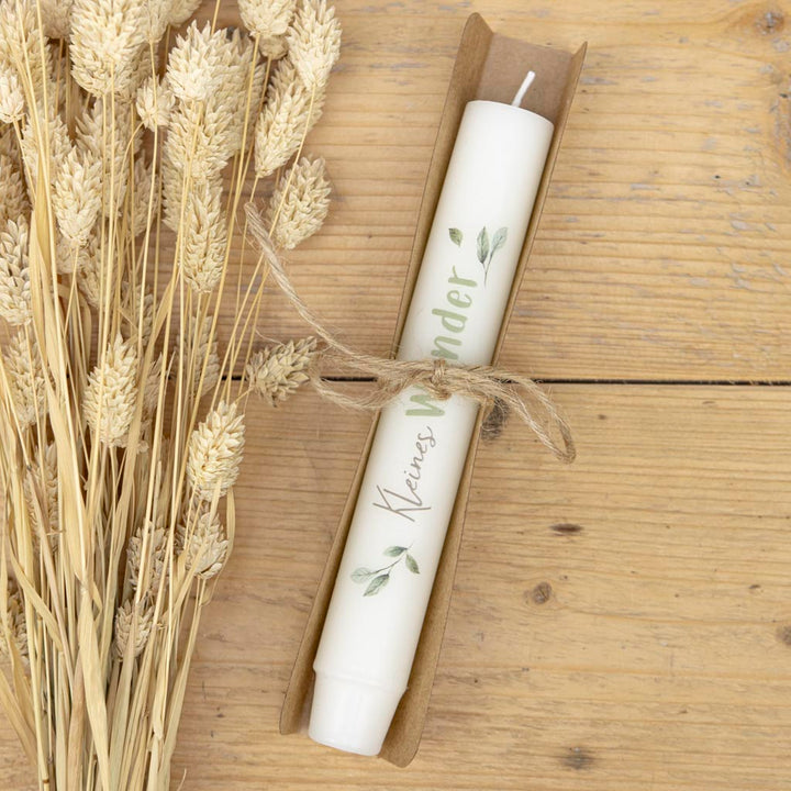 Cremefarbene Stabkerze kleines Wunder mit Spruch zur Geburt
