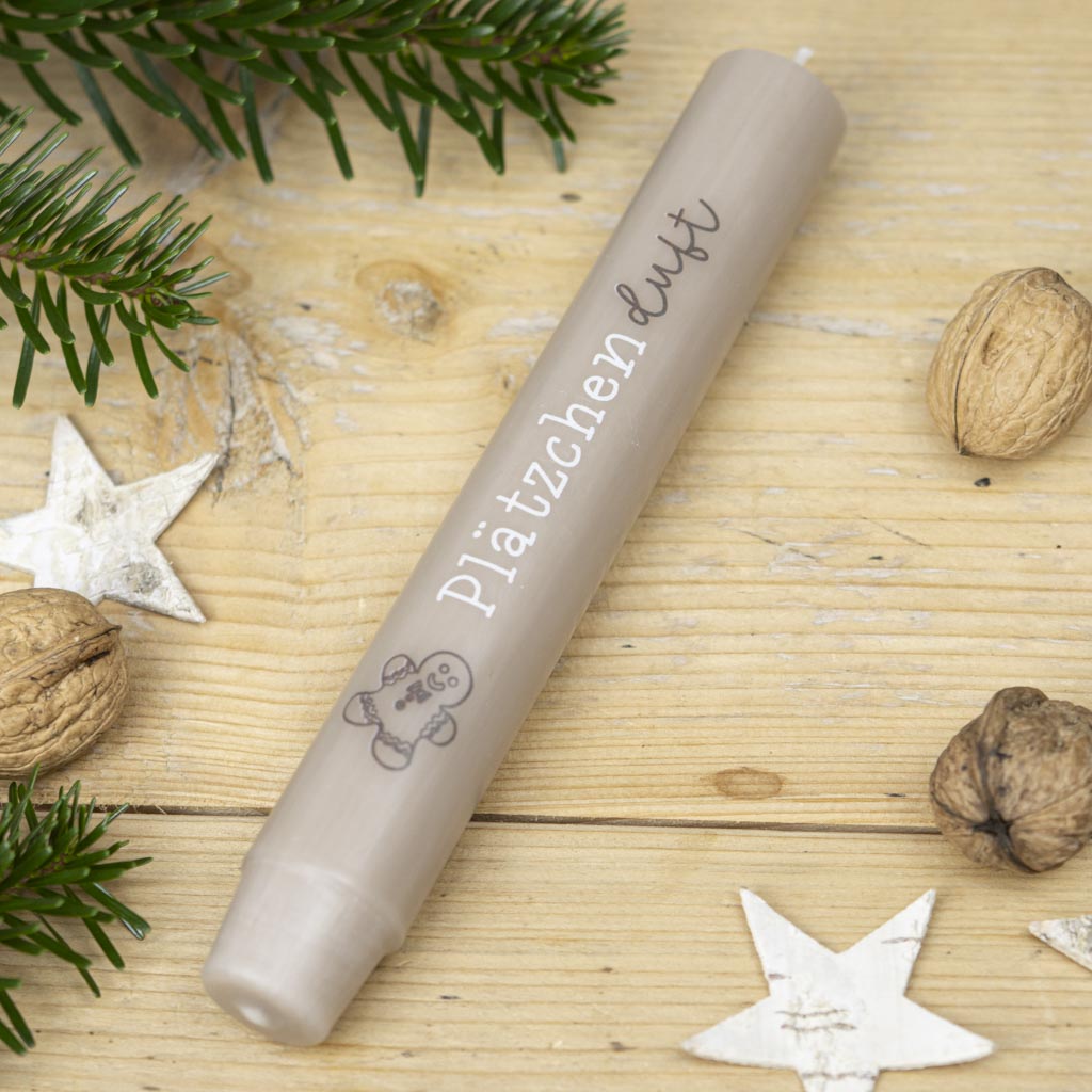 Goldbraune Stabkerze Plätzchenduft mit weihnachtlichem Plätzchen-Aufdruck