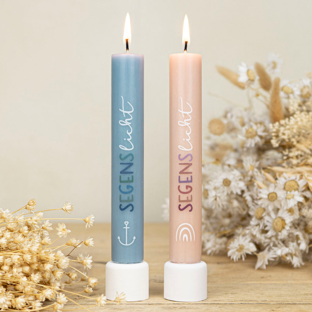 Stabkerze Segen in Hellblau und Apricot mit Anker und Regenbogen