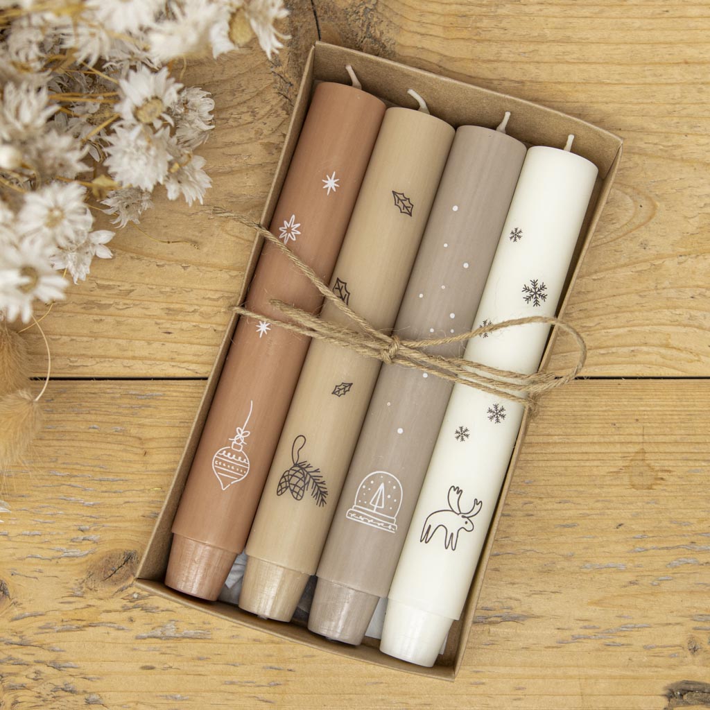 Stabkerzen Set Skandi für den Advent, vier Kerzen in warmen Beige-Tönen