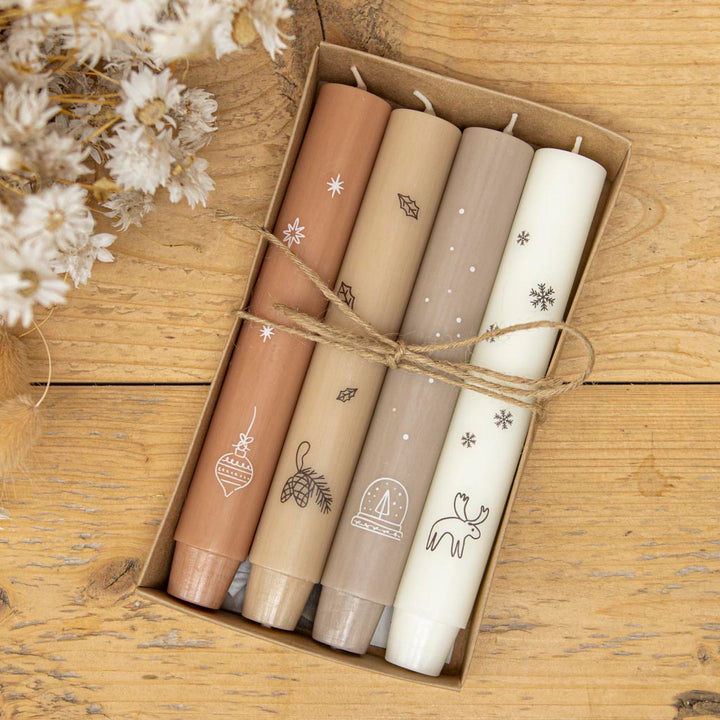 Stabkerzen Set Skandi für den Advent, vier Kerzen in warmen Beige-Tönen