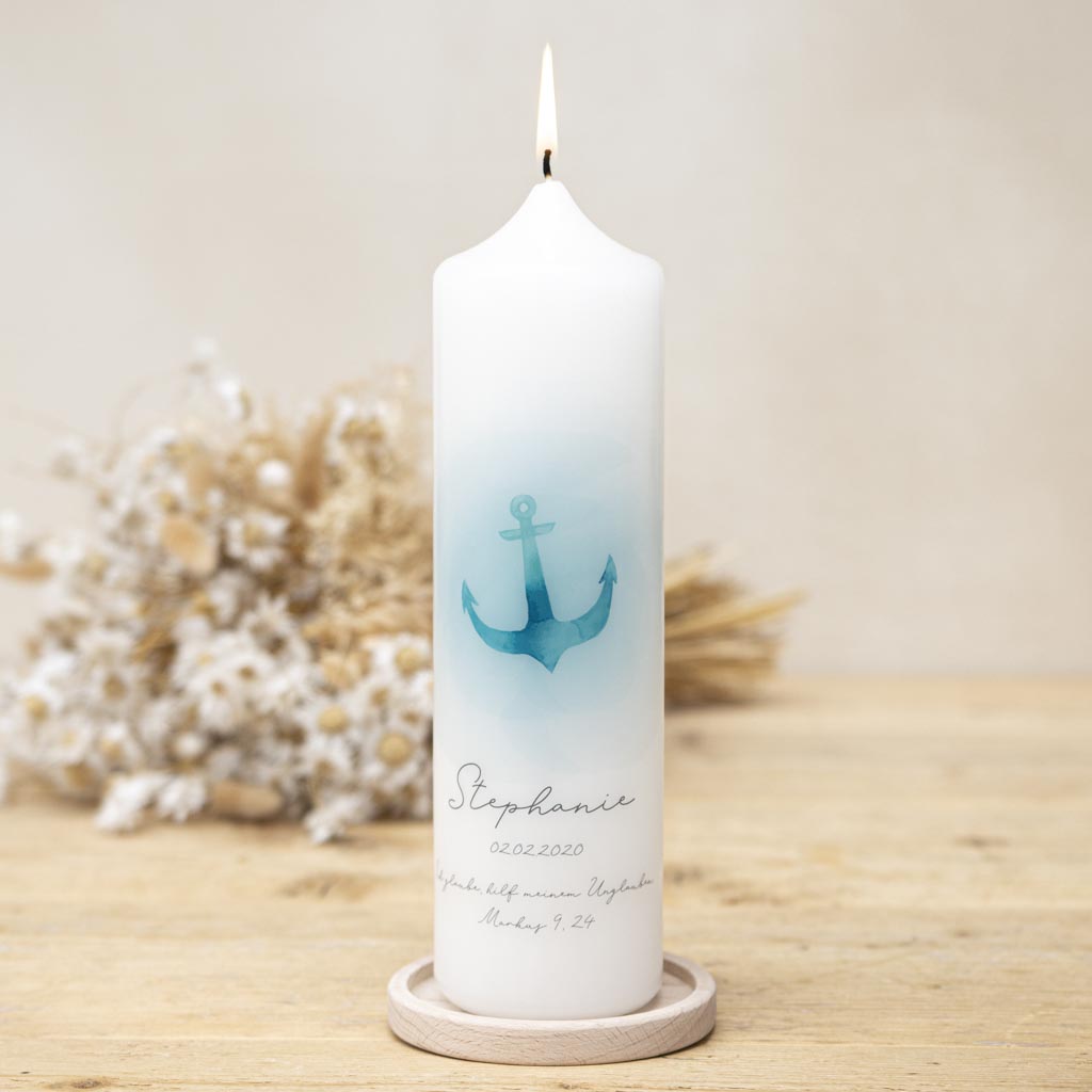 Taufkerze Anker Aquarell in Türkis-Blau mit Name und Taufdatum