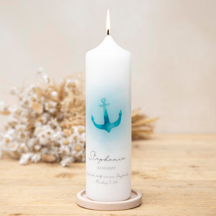 Taufkerze Anker Aquarell in Türkis-Blau mit Name und Taufdatum