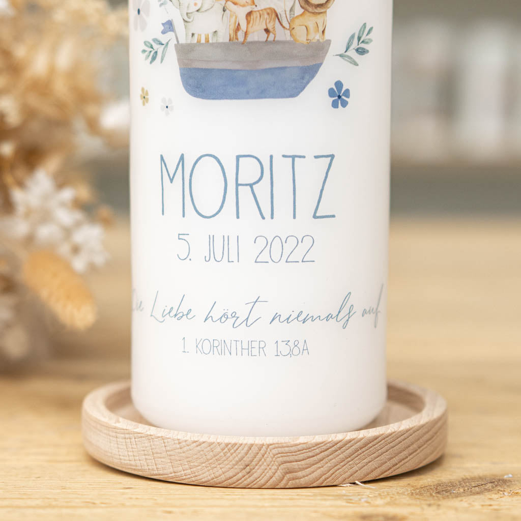 Taufkerze Arche Noah mit Taufspruch, Name und Taufdatum
