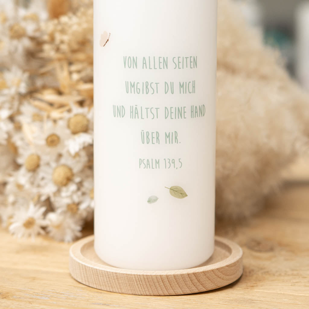 Taufkerze Baum des Lebens mit persönlichem Taufspruch auf der Rückseite