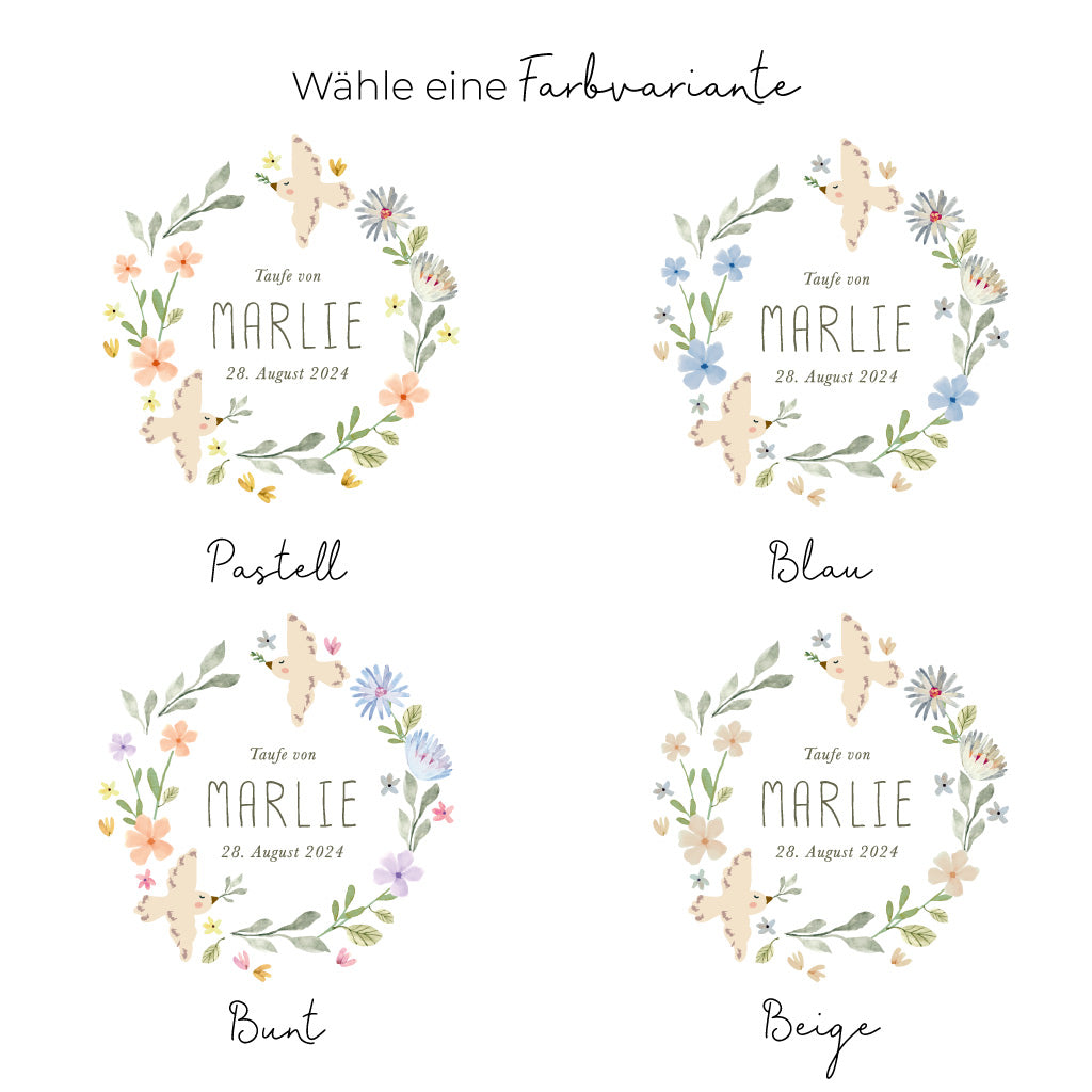 Taufkerze Blütenzauber in vier Farbwelten: Pastell, Bunt, Blau und Beige