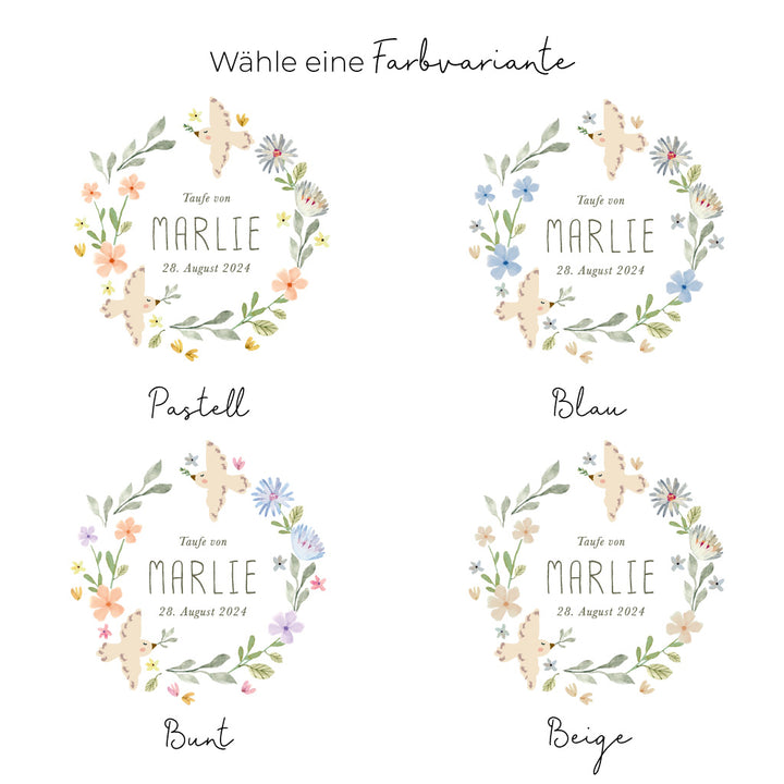 Taufkerze Blütenzauber in vier Farbwelten: Pastell, Bunt, Blau und Beige