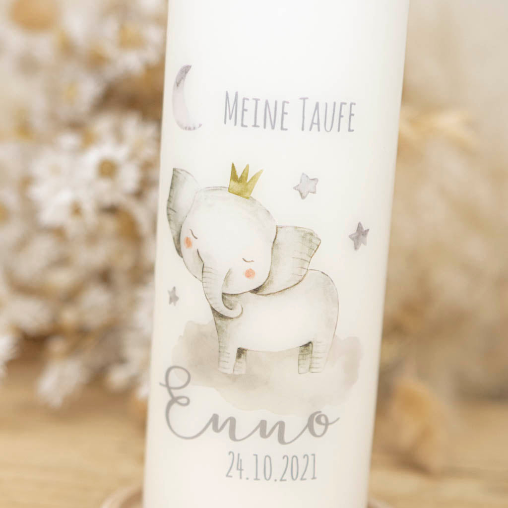 Taufkerze Elefant mit Krone in Grau-Silber mit Name Enno