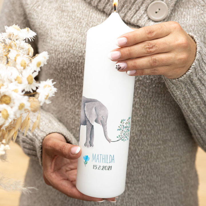 Taufkerze Elefant Blumen in Blau für Jungen und Mädchen