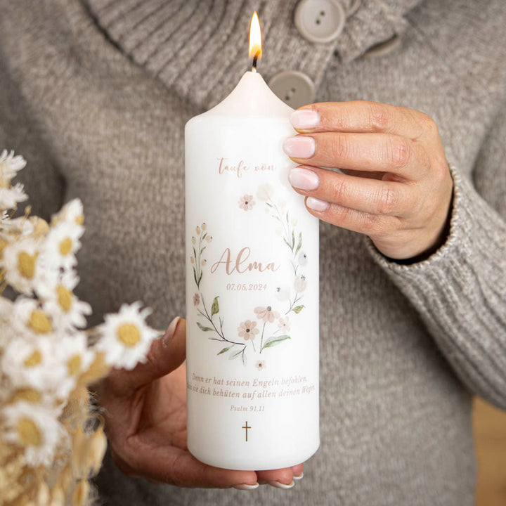 Taufkerze Floral in Altrosa mit Taufspruch, Name und Datum