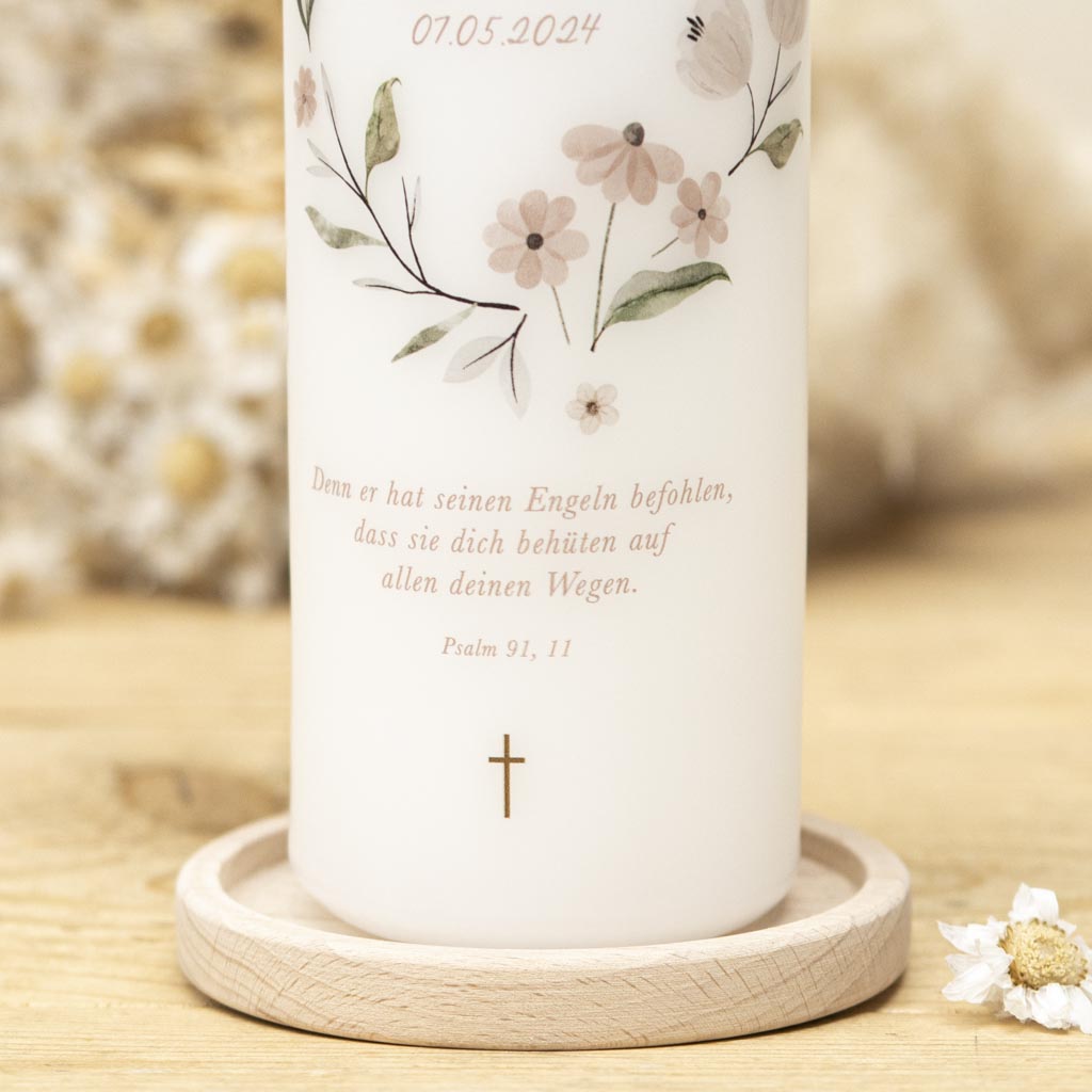 Taufkerze Floral mit floralem Motiv und Taufspruch Psalm 91,11
