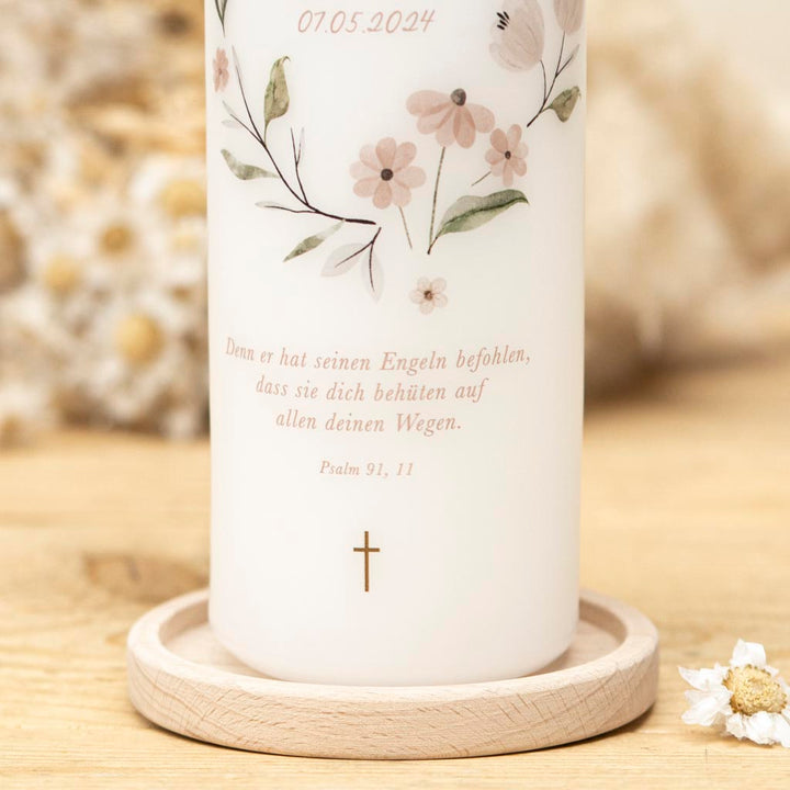 Taufkerze Floral mit floralem Motiv und Taufspruch Psalm 91,11
