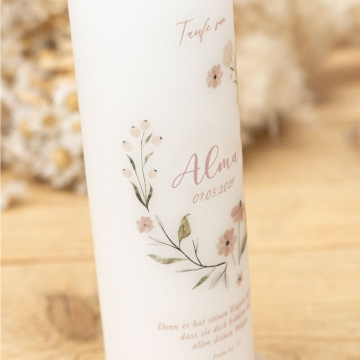 Taufkerze Floral in Altrosa mit Name und Taufdatum