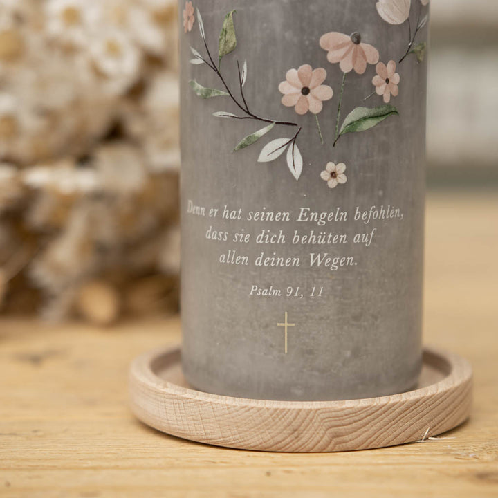 Taufkerze Floral Rustic mit Blütenmotiv und Taufspruch
