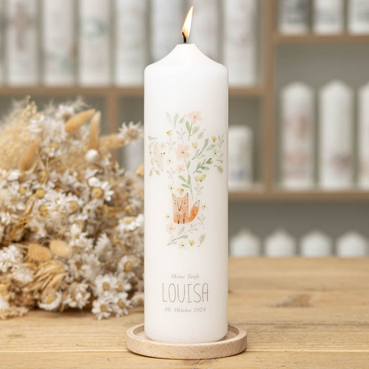 Taufkerze Fuchs Blumen mit Kerzenhalter Holz