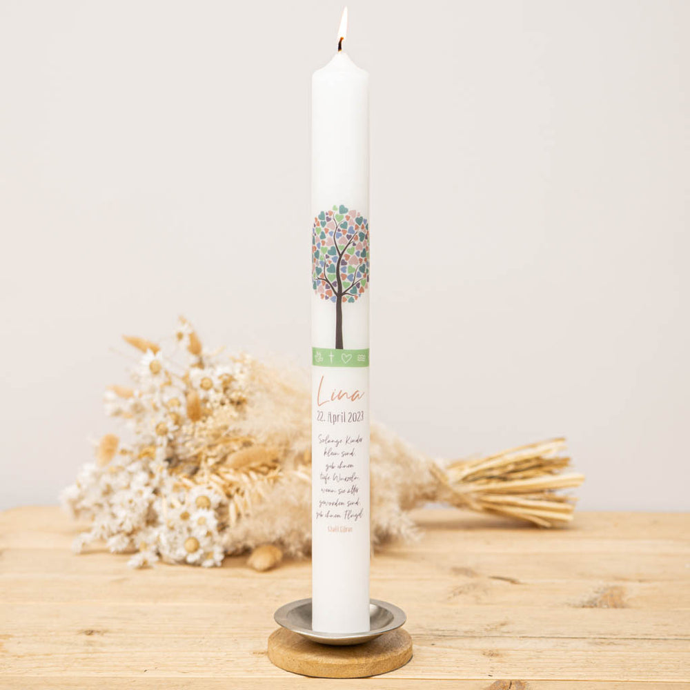 Taufkerze Lebensbaum bunt in 40 cm mit Herzbaum-Motiv