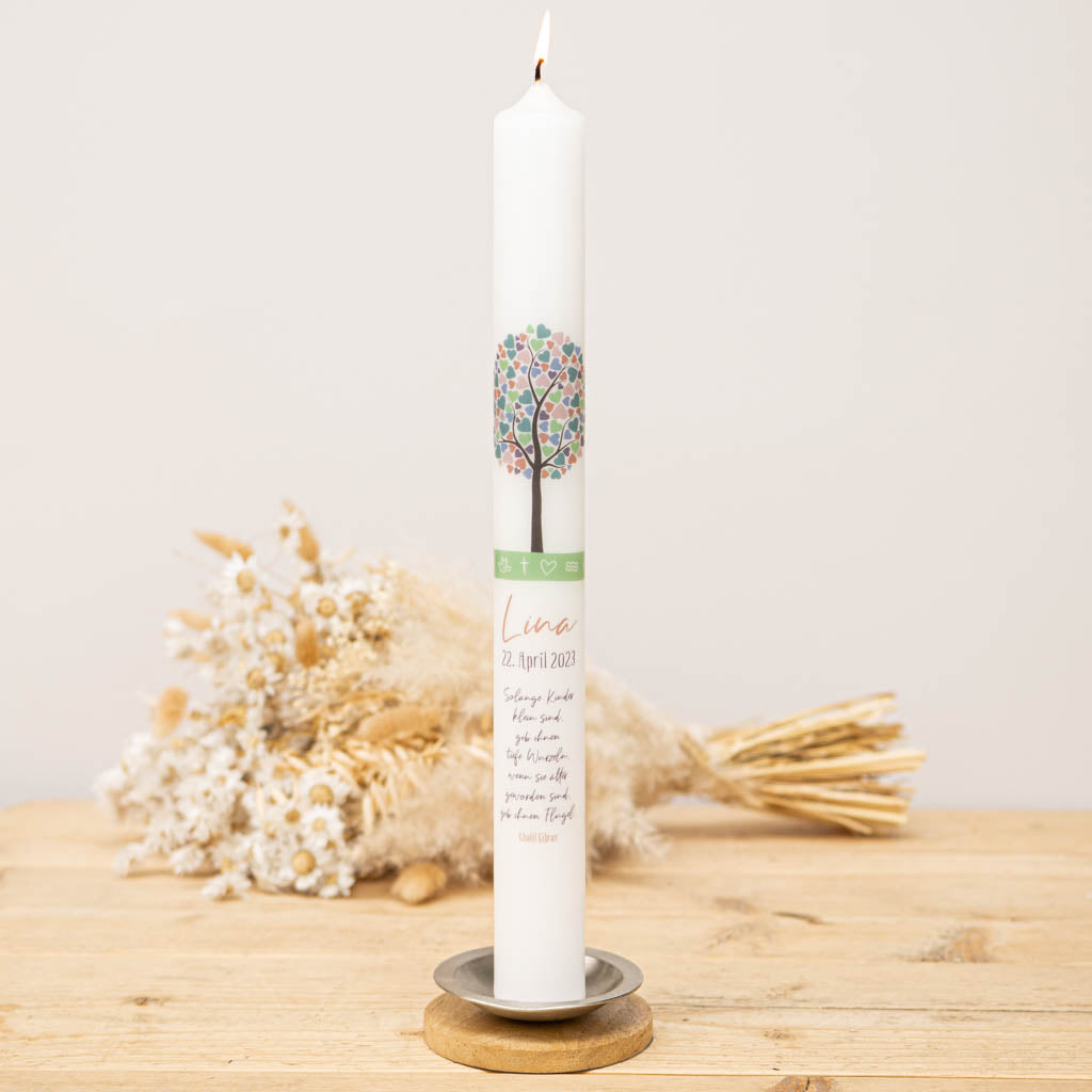 Taufkerze Lebensbaum bunt in 40 cm mit Herzbaum-Motiv