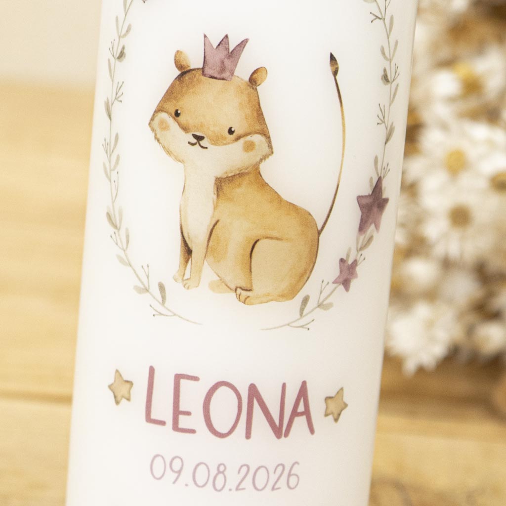 Taufkerze Löwe mit Krone in Altrosa