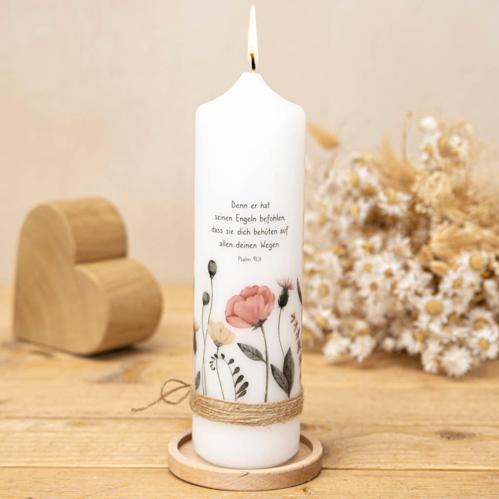 Taufkerze Wildblumen mit Taufspruch Psalm 91,11