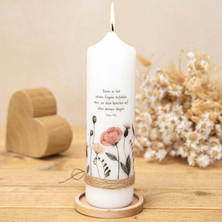 Taufkerze Wildblumen mit Taufspruch Psalm 91,11