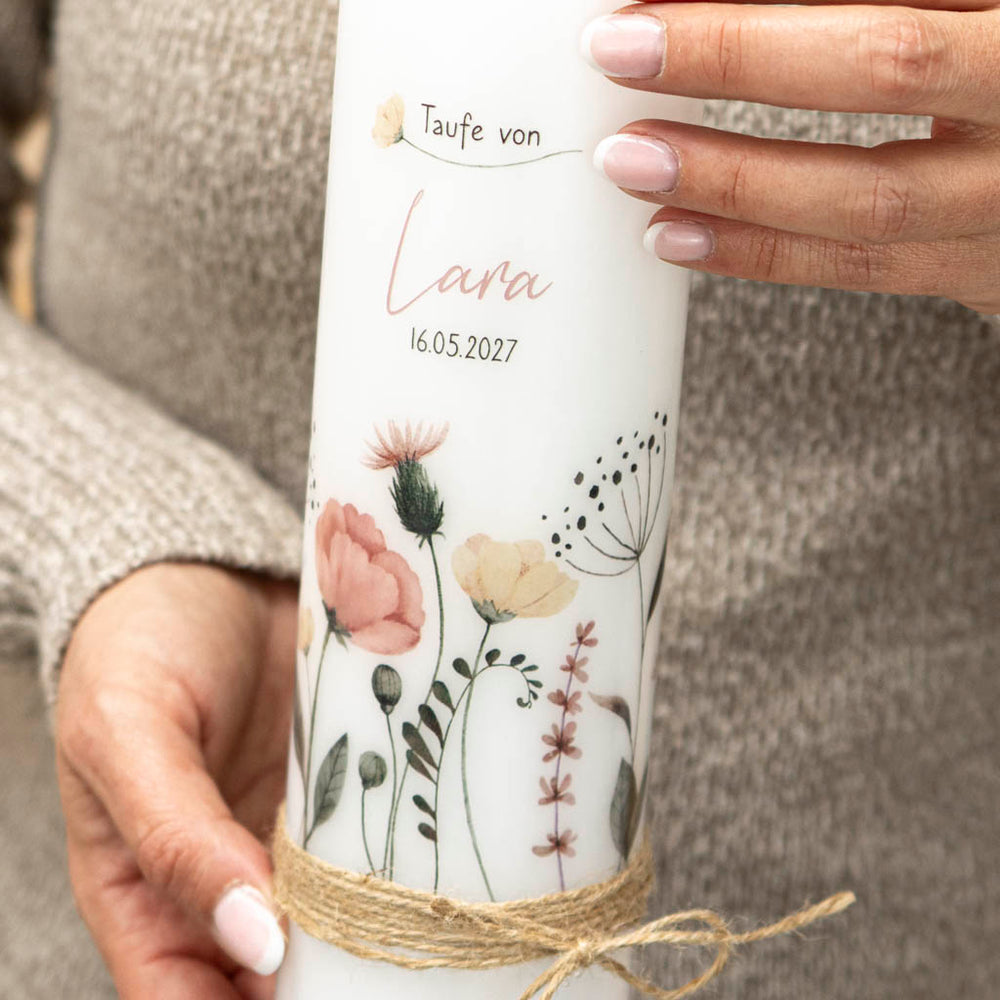 Personalisierte Taufkerze Wildblumen mit Name, Datum und Taufspruch