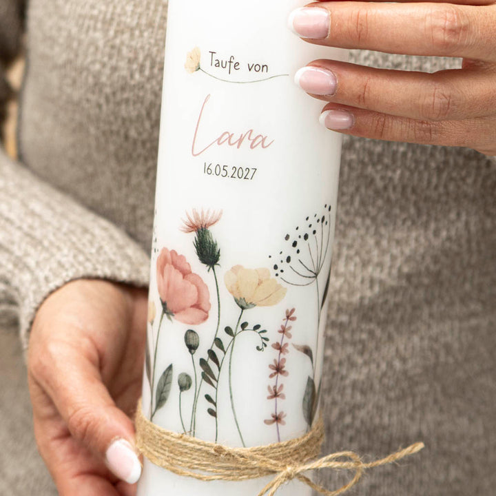 Personalisierte Taufkerze Wildblumen mit Name, Datum und Taufspruch