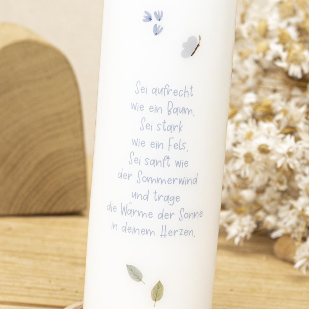 Taufkerze mit Foto und Taufspruch auf der Rückseite in Blau