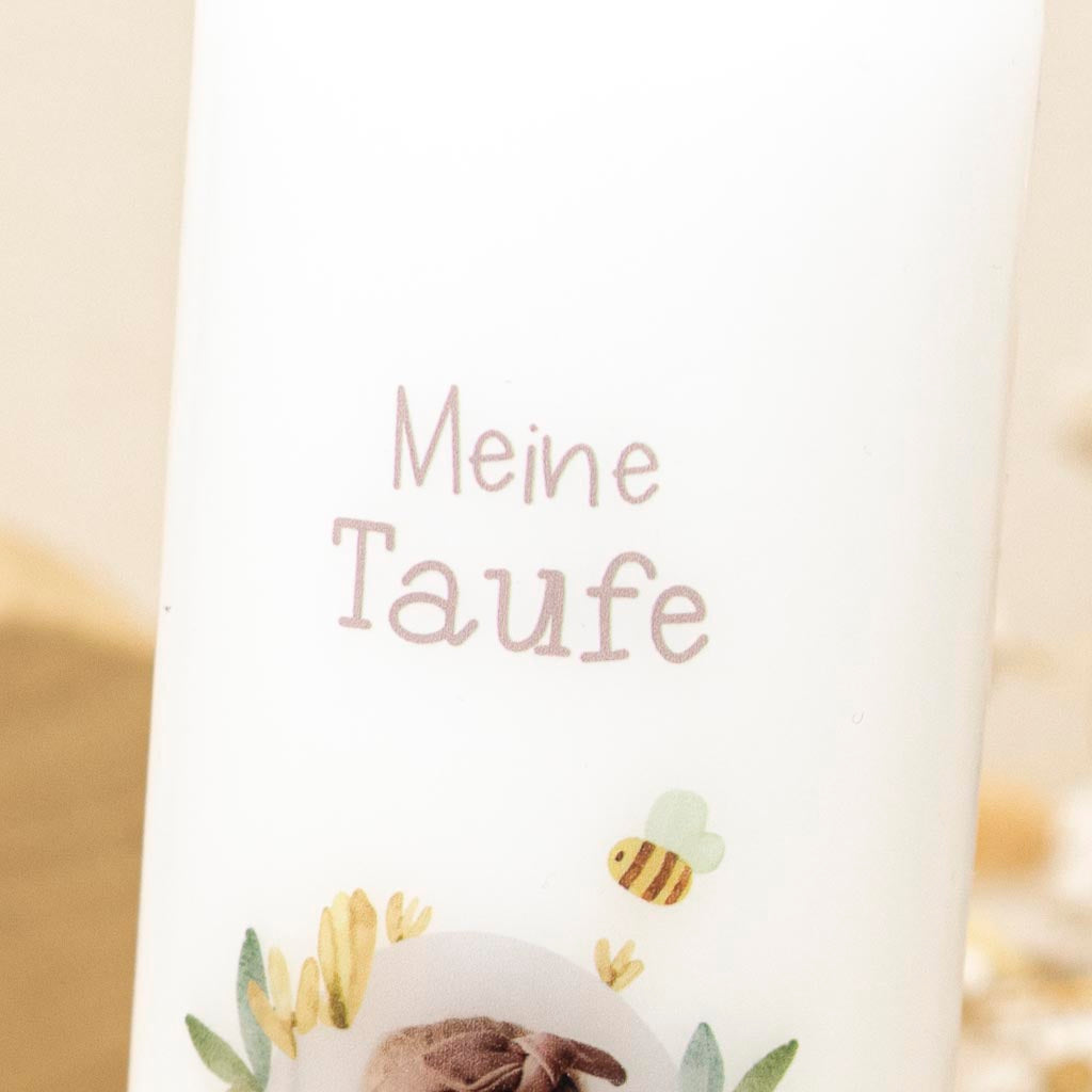 Taufkerze mit Foto und Schriftzug Meine Taufe mit Biene