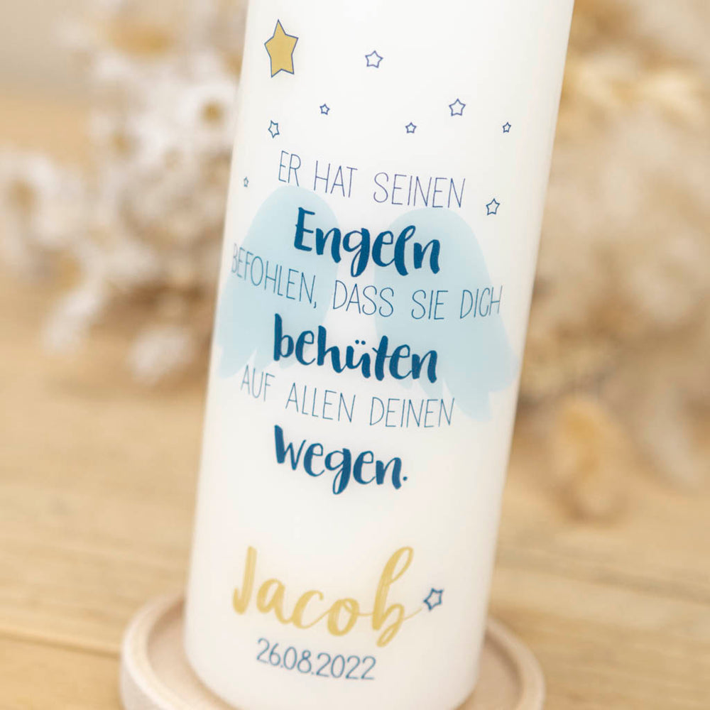 Taufkerze Engel blau mit Psalm 91,11 und goldenem Stern