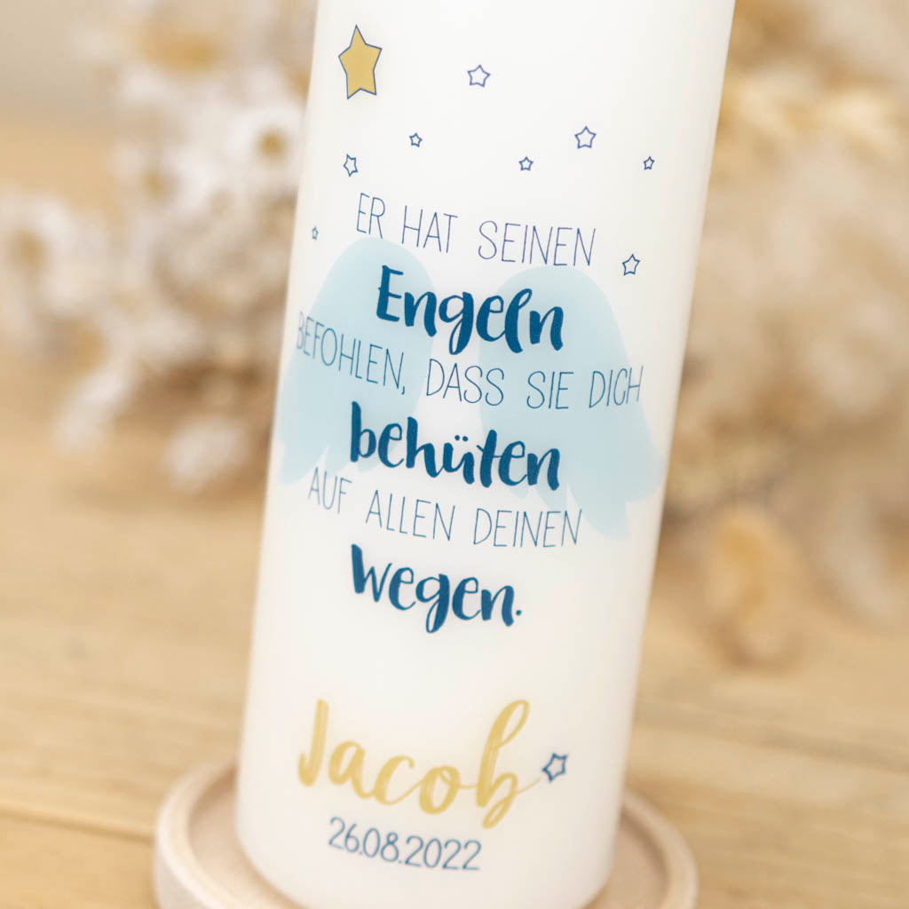 Taufkerze Engel blau mit Psalm 91,11 und goldenem Stern