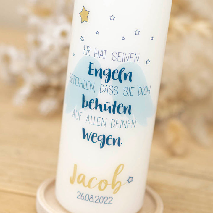 Taufkerze Engel blau mit Psalm 91,11 und goldenem Stern