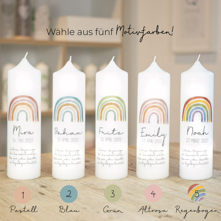 Taufkerze Regenbogen in fünf Motivfarben: Pastell, Blau, Grün, Altrosa und bunt