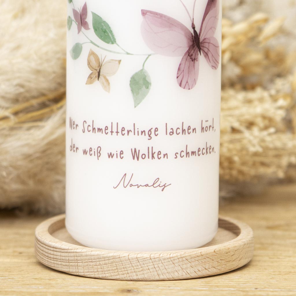 Taufkerze Schmetterlinge mit Taufspruch von Novalis