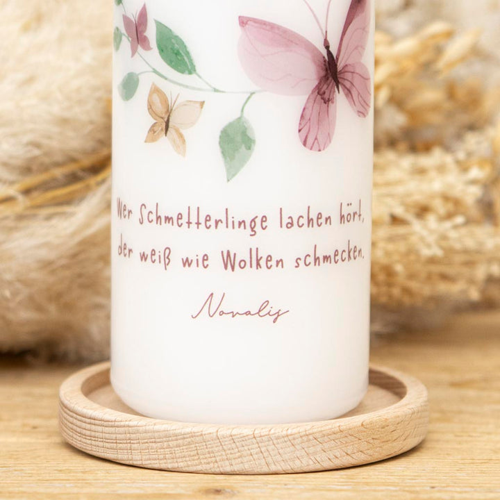 Taufkerze Schmetterlinge mit Taufspruch von Novalis