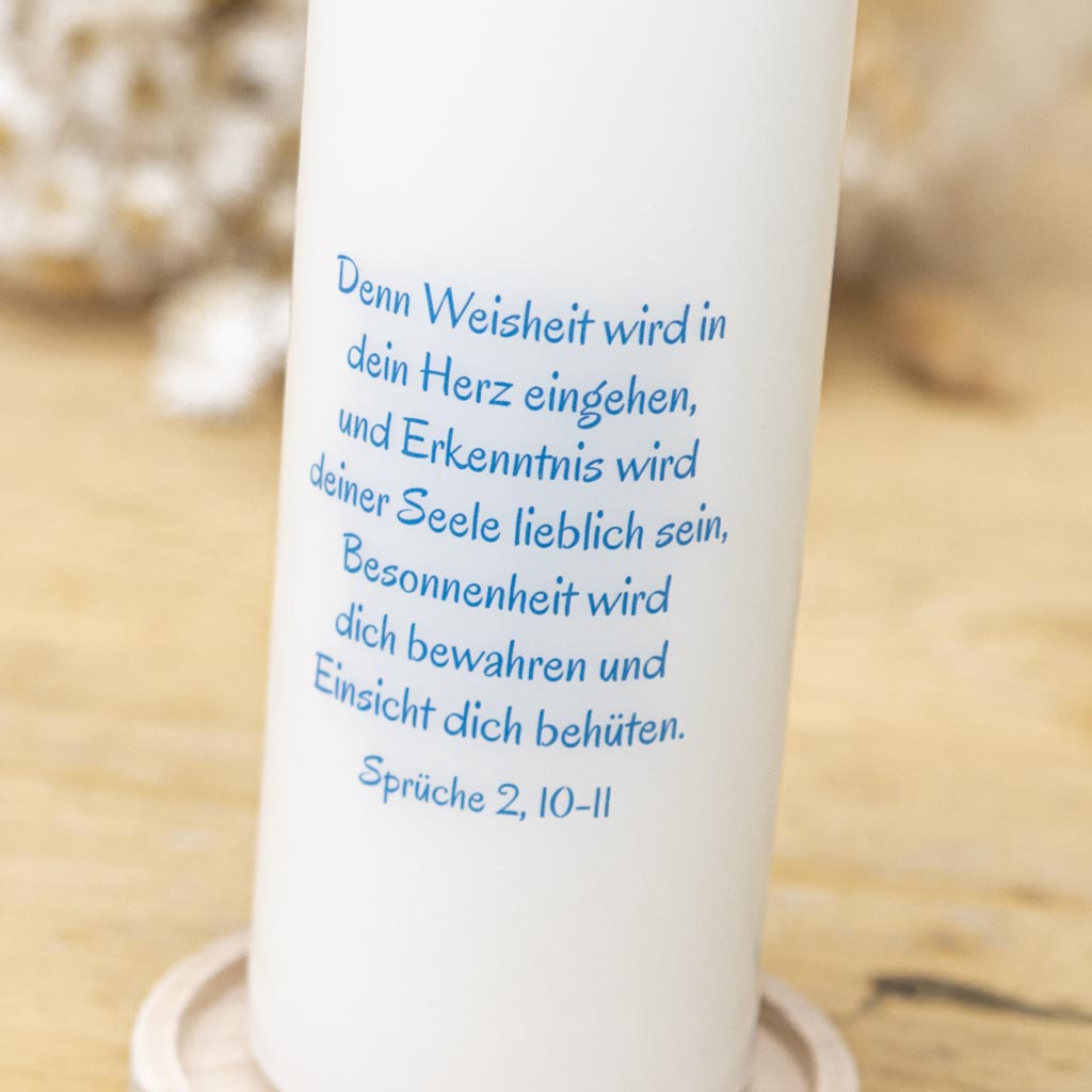 Rückseite der Taufkerze Symbole mit Taufspruch in Blau