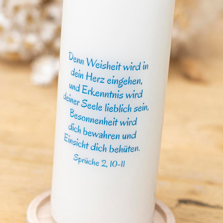Rückseite der Taufkerze Symbole mit Taufspruch in Blau