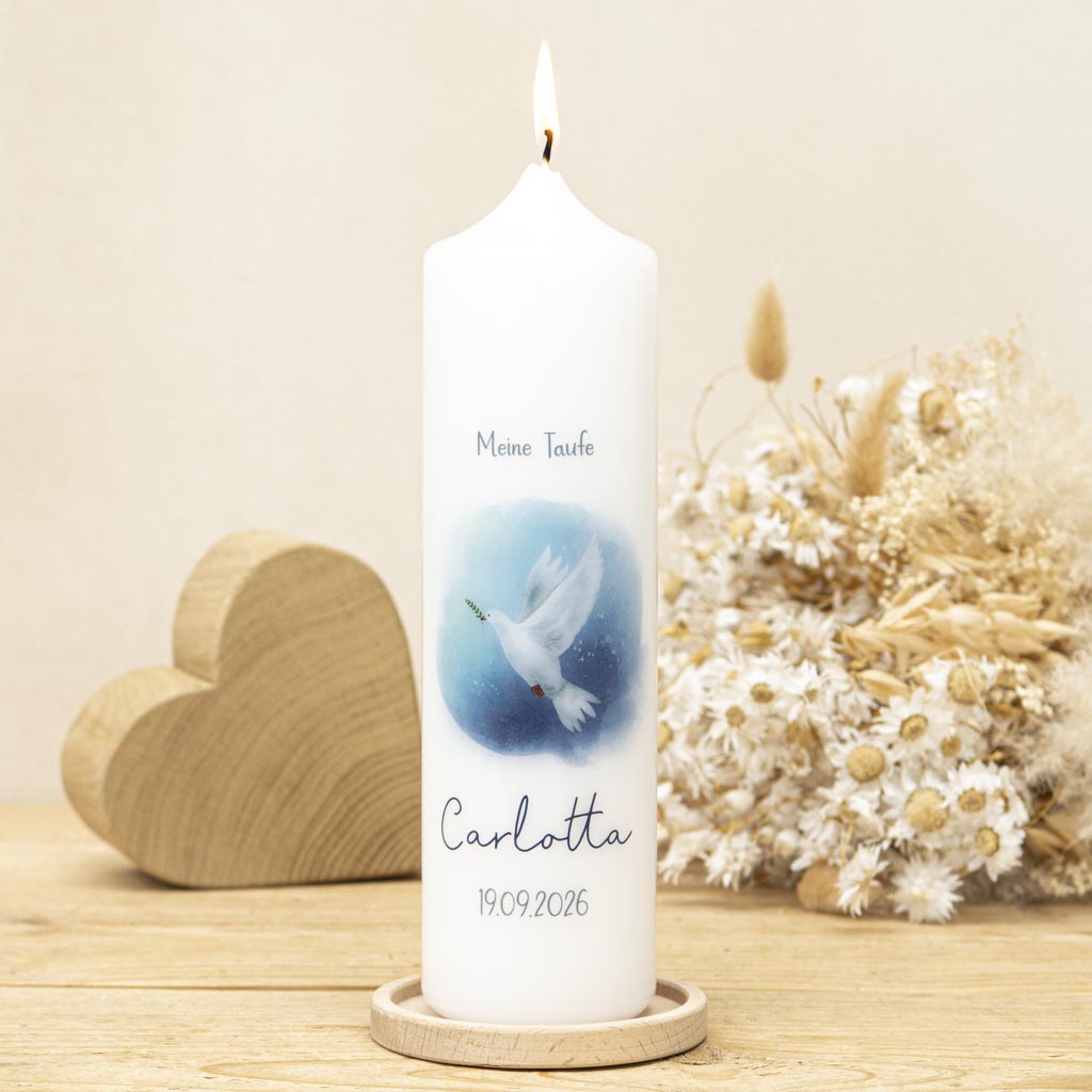 Taufkerze Taube Aquarell in Blau mit Name und Taufdatum