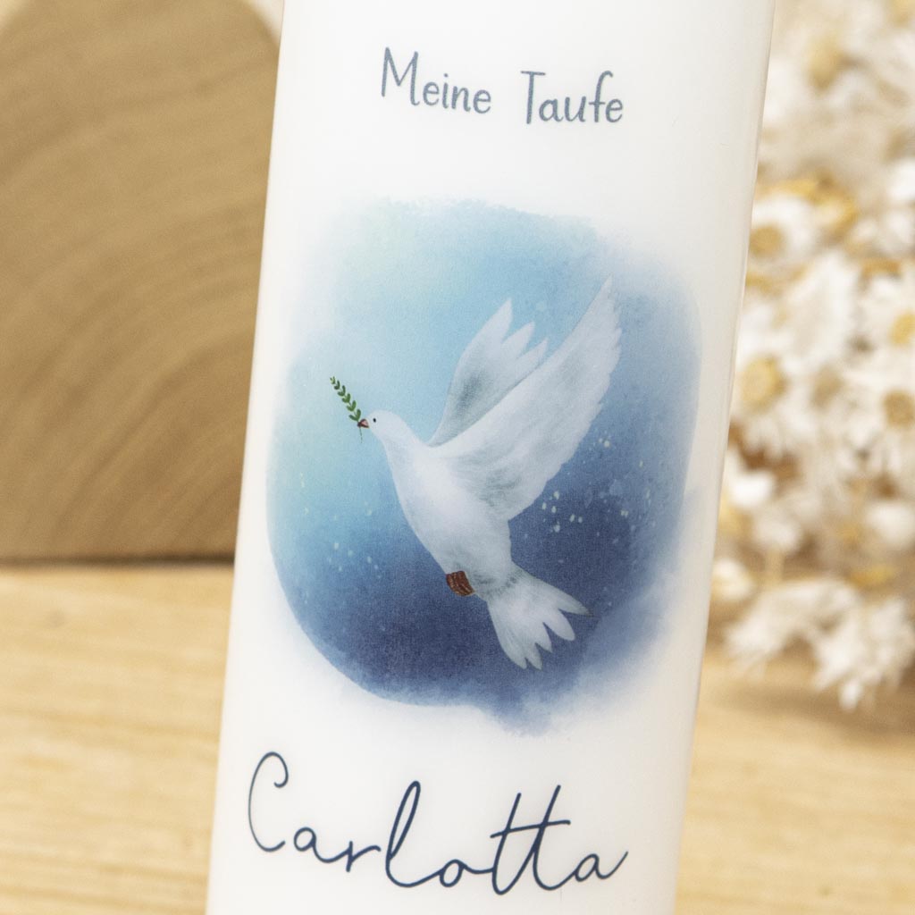 Taufkerze Taube im Aquarell-Stil mit weißer Taube und Schriftzug Meine Taufe