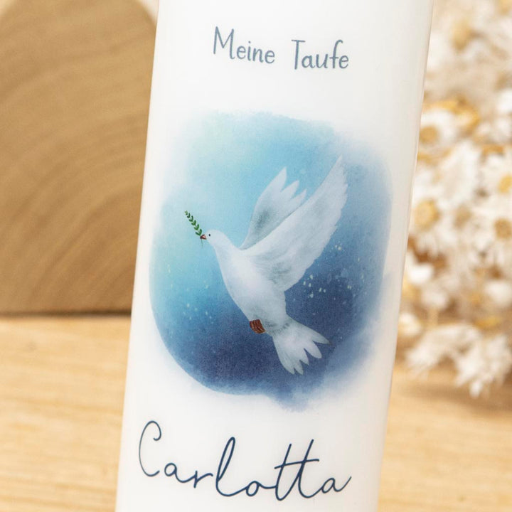 Taufkerze Taube im Aquarell-Stil mit weißer Taube und Schriftzug Meine Taufe