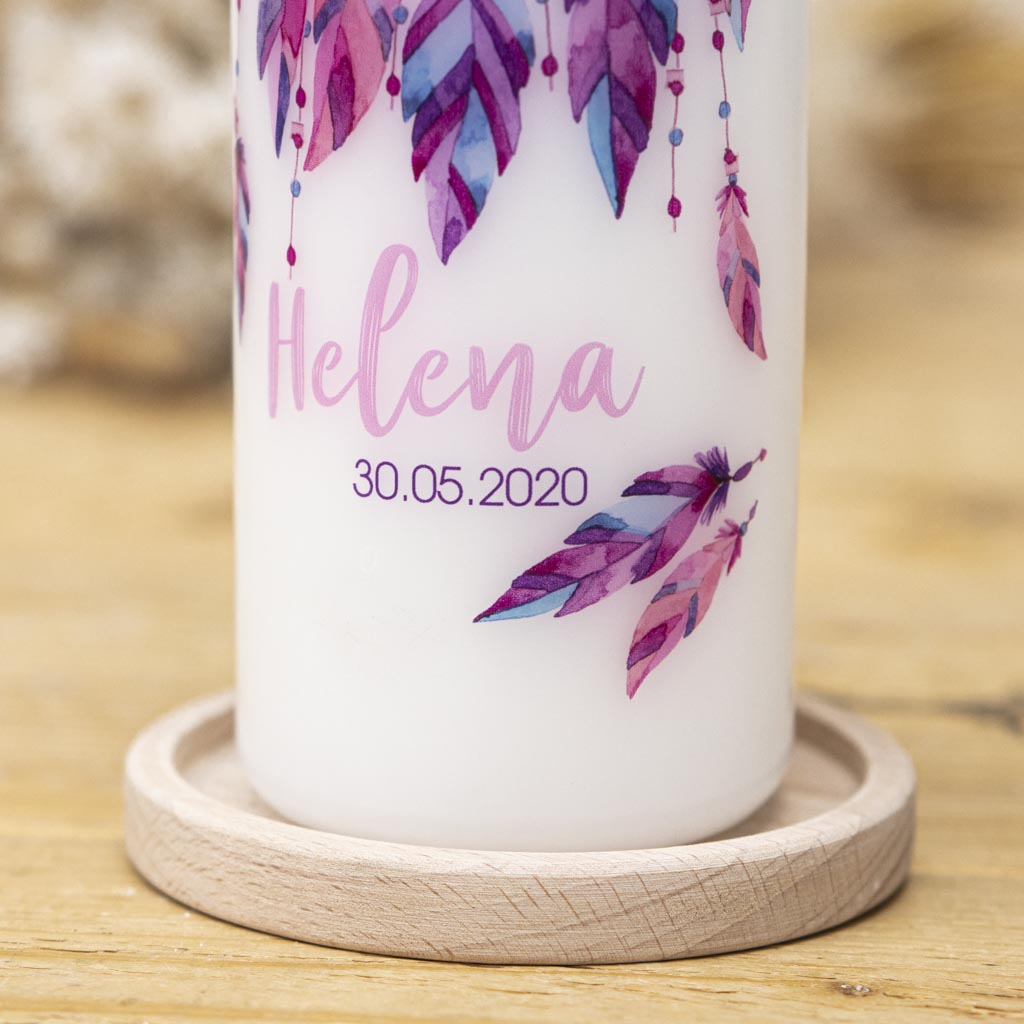 Taufkerze Traumfänger mit Name Helena und Taufdatum in Schreibschrift