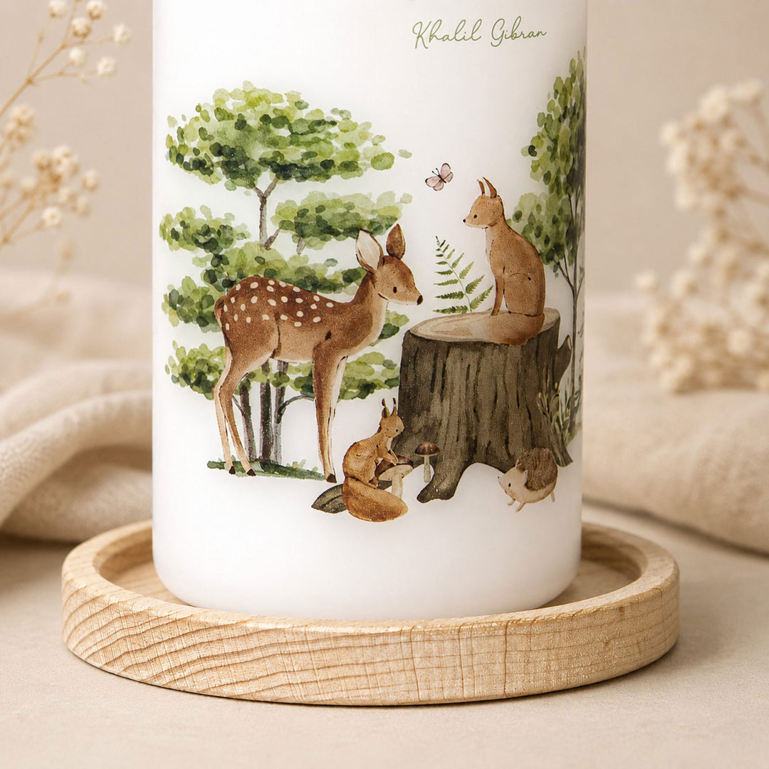 Taufkerze Waldtiere Motiv mit Reh, Fuchs und Eichhörnchen im Aquarell-Stil