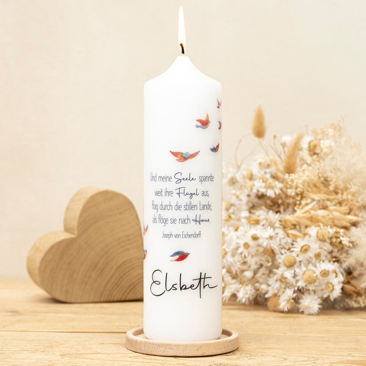 Trauerkerze Vögel mit dem Gedicht Mondnacht von Eichendorff und Namen
