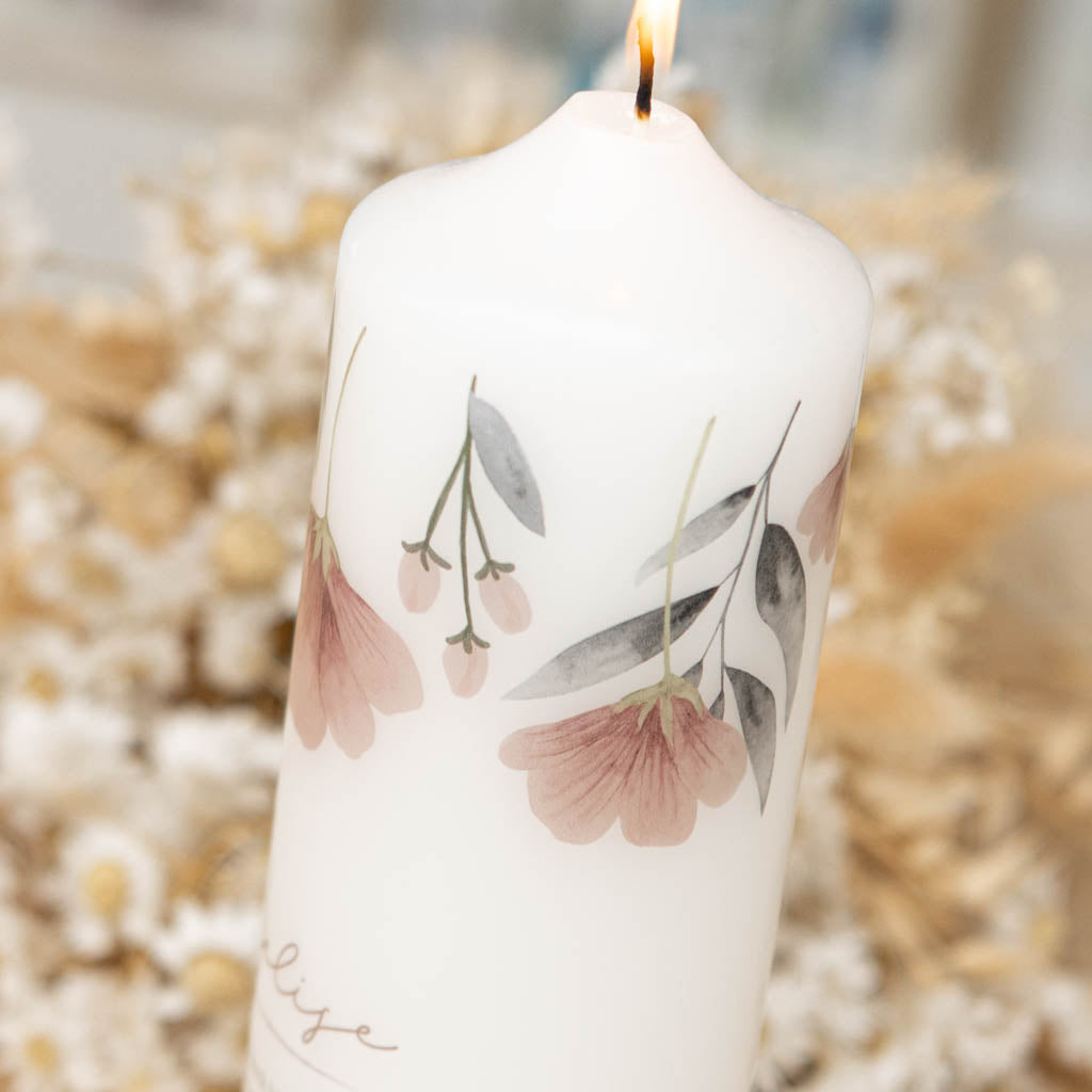 Trauerkerze mit Wildblumen-Motiv in Altrosa und Grün
