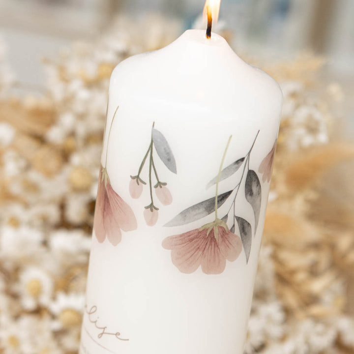 Trauerkerze mit Wildblumen-Motiv in Altrosa und Grün
