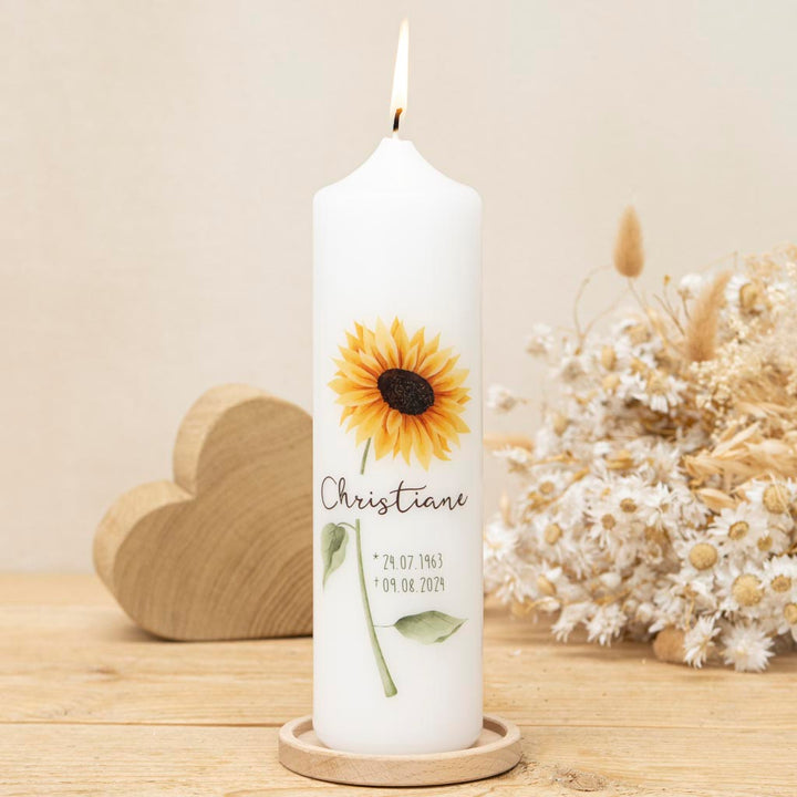 Trauerkerze Sonnenblume personalisiert mit Name und Lebensdaten