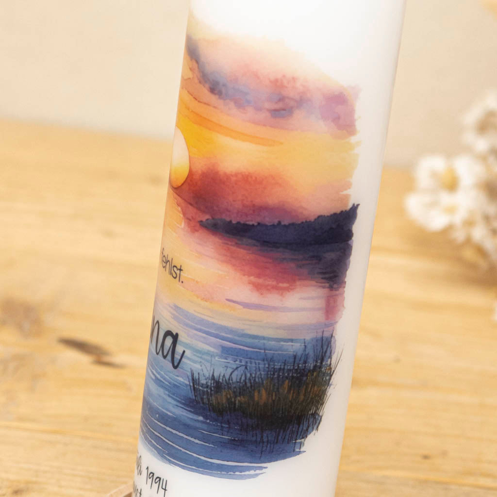 Aquarell-Sonnenuntergang über See mit Schilf, Motivdetail