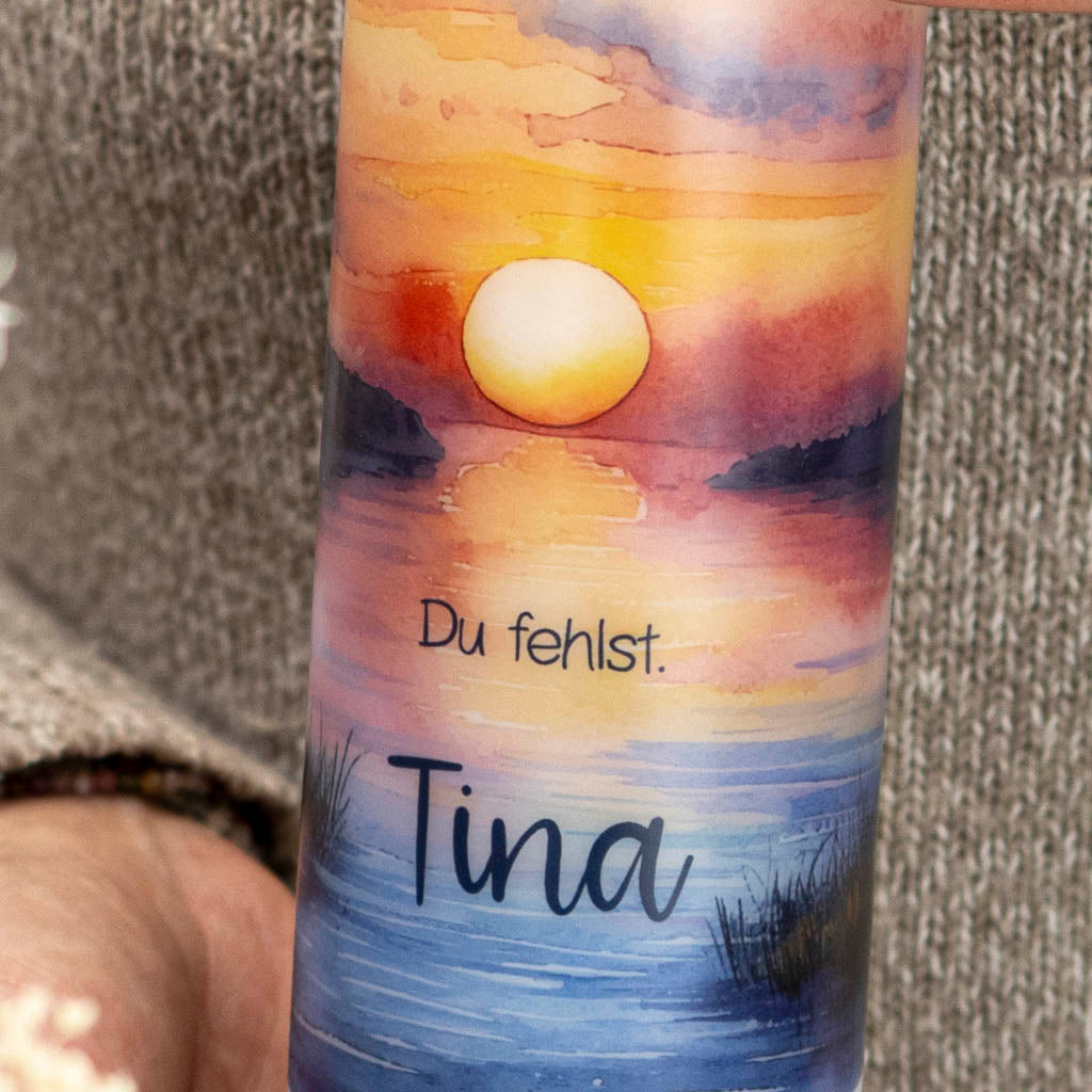 Sonnenuntergang-Gedenkkerze mit Name, Detailansicht