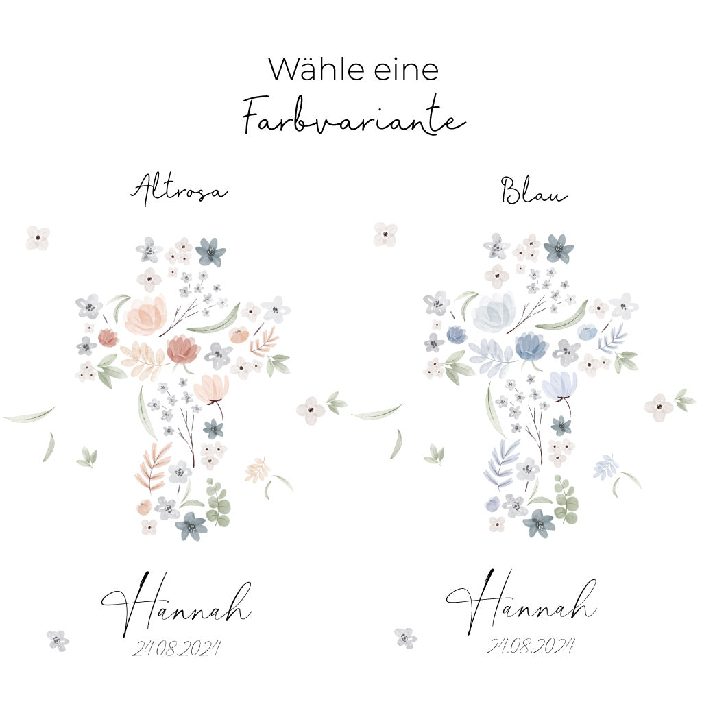 Taufkerze Blumen Kreuz Hannah in Altrosa und Blau